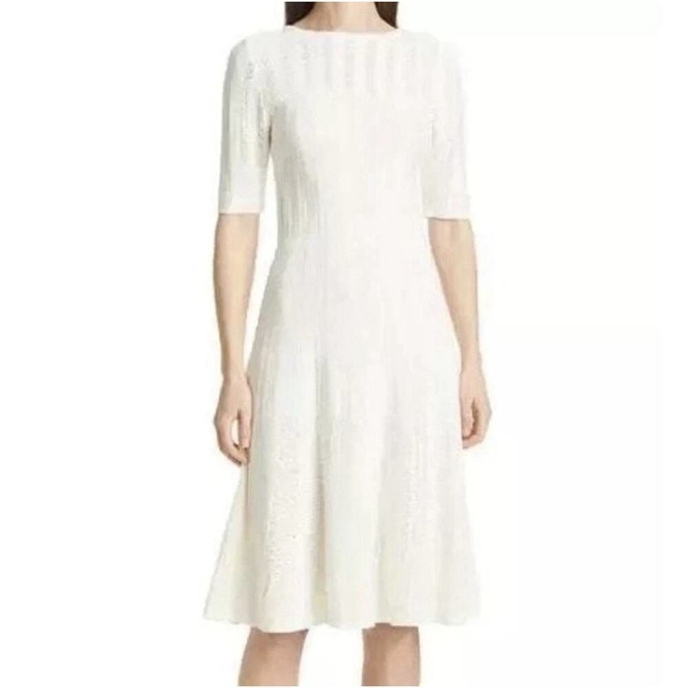 Hugo Boss C Feli Pointelle Fit and Flare Sweater Dress Ivory Cream Women's XL